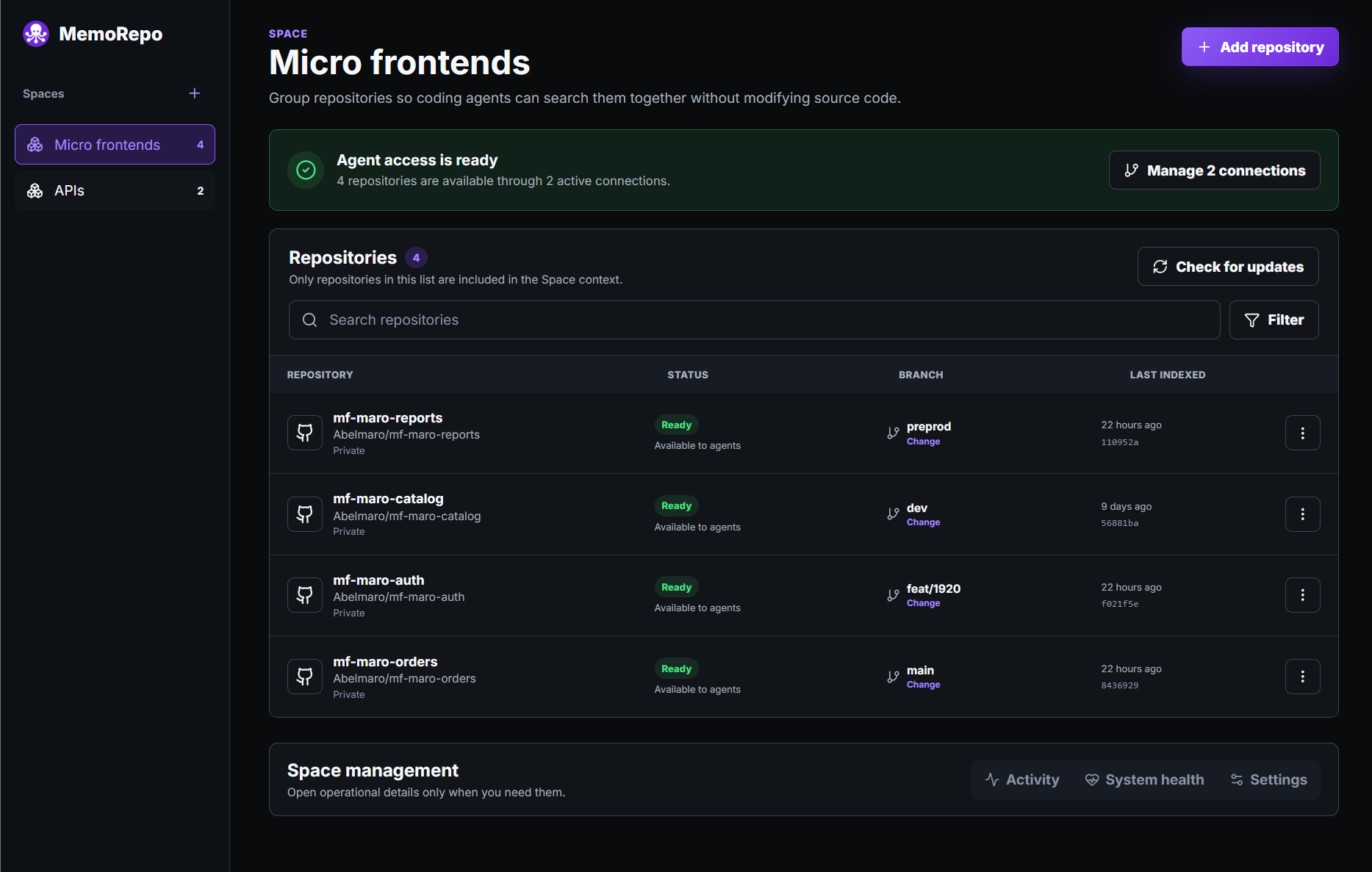 MemoRepo dashboard showing a Space with repositories, snapshot status, and agent connection controls.